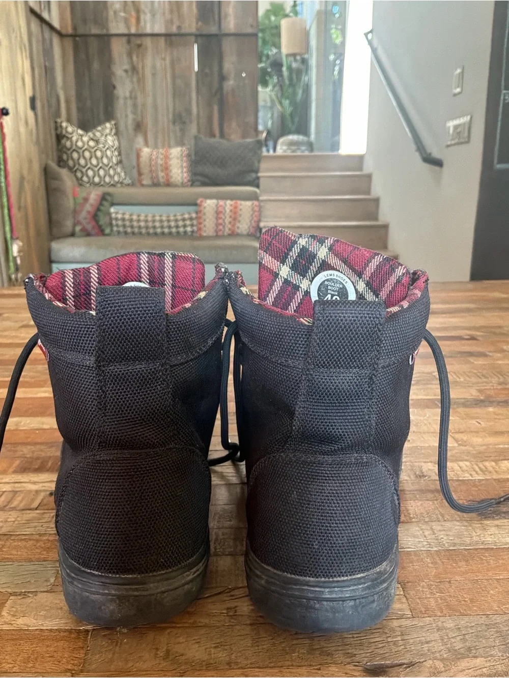 Canvas High-Top Boots in Black with Red Plaid Lining